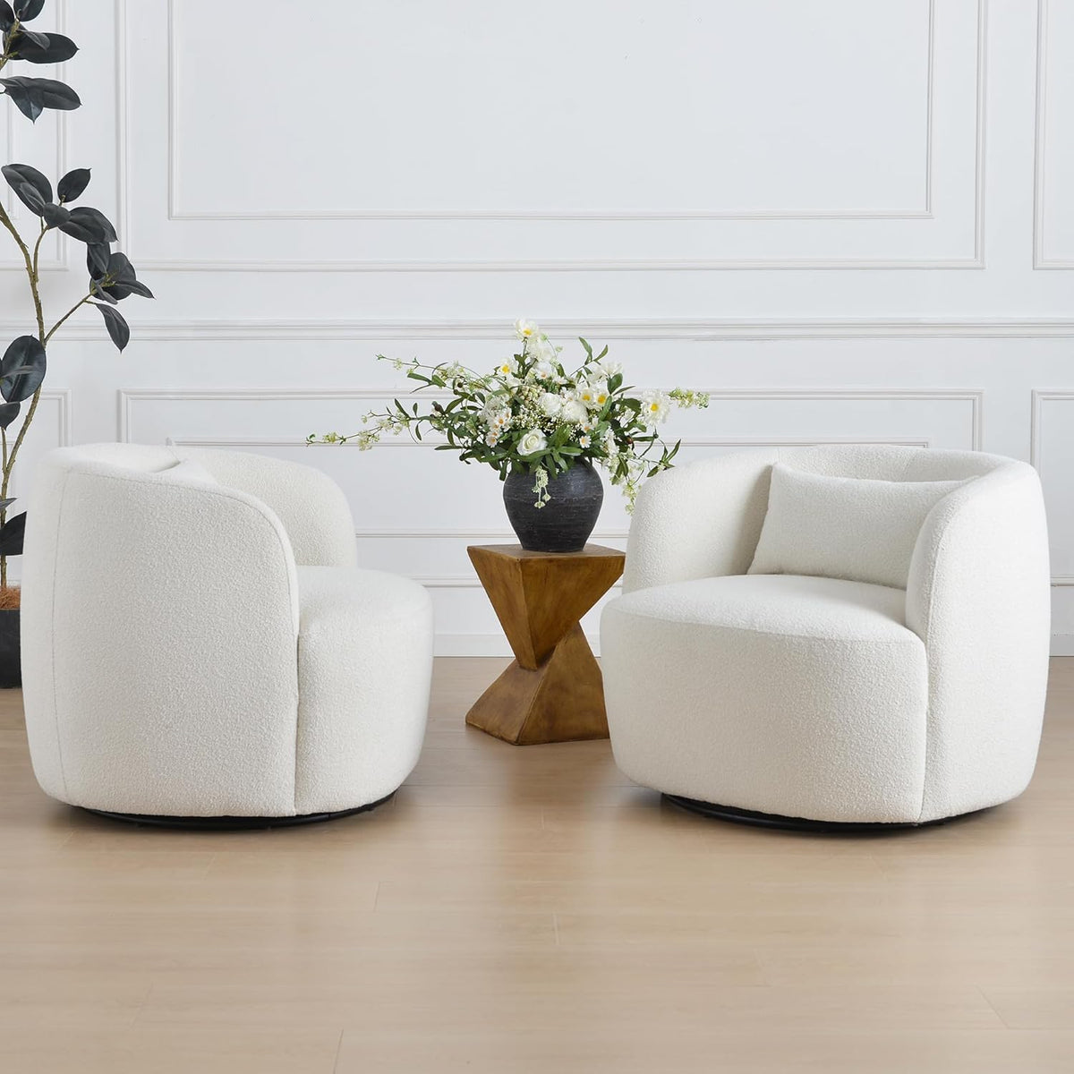 KINWELL 34" Wide Sherpa Swivel Barrel Chairs Set of 2, No Assembly Round Boucle Upholstered Accent