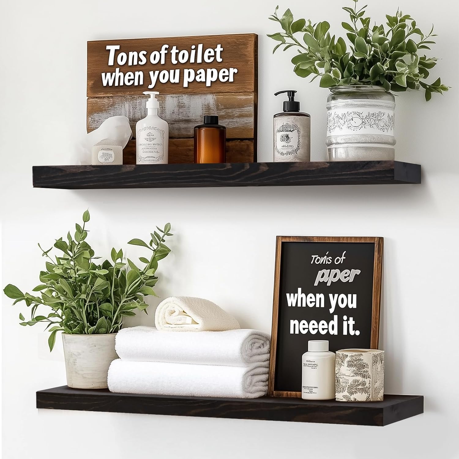 24"x6.8"x1.2" Solid Wood Floating Shelves 2-Pack - Rustic Black Finish with Hidden Brackets