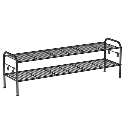 SONGMICS Shoe Rack, 2-Tier Shoe Organizer, Metal Shoe Shelf Storage with 4 Side Hooks, Holds 18