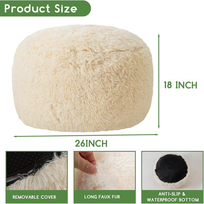 HIGOGOGO Round Stuffed Pouf Ottoman, Long Faux Fur Poufs with Foam Chunk Filling, Fluffy and Furry