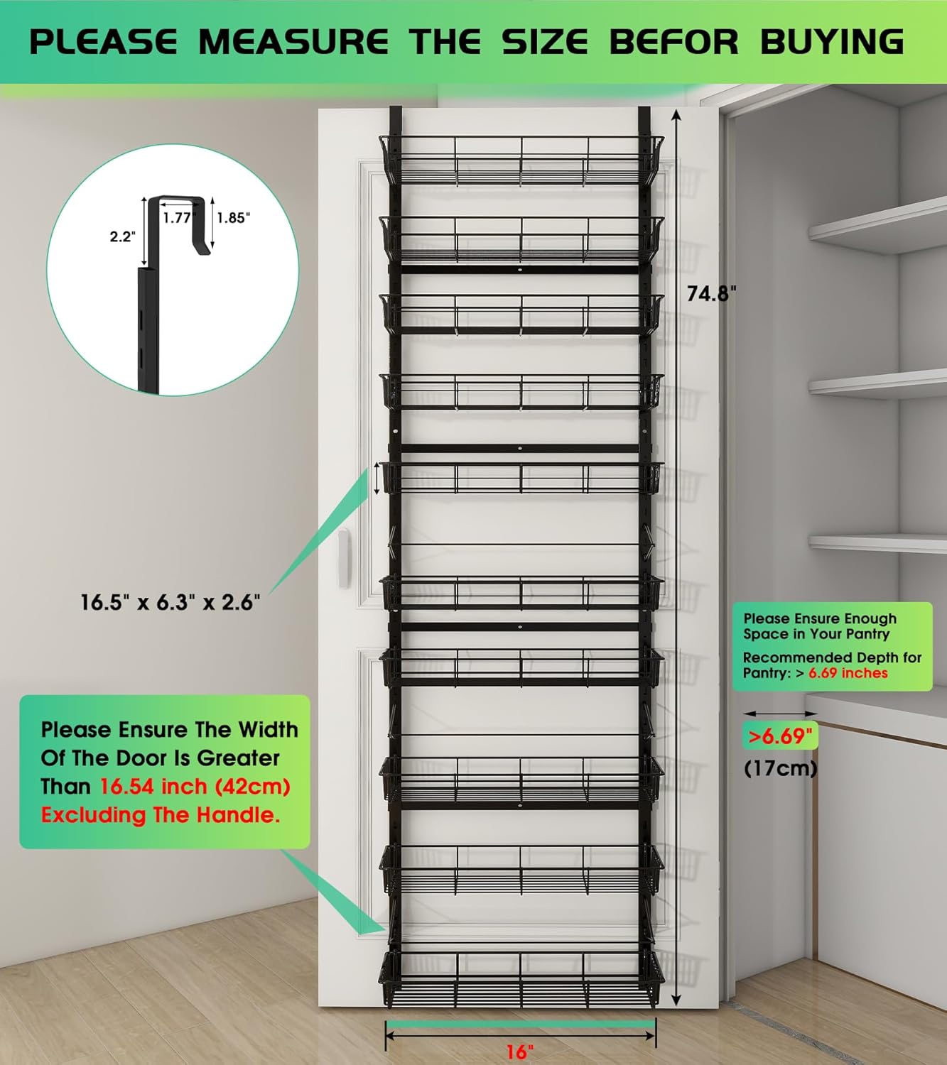 10-Tier Over The Door Pantry Organizer, Pantry Organization and Storage, Black Metal Hanging