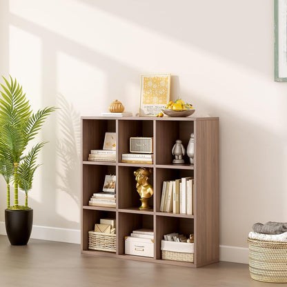 9-Cube Storage Shelf Bookcase - Wooden 3-Tier Floor Standing Open Bookshelf for Home and Office