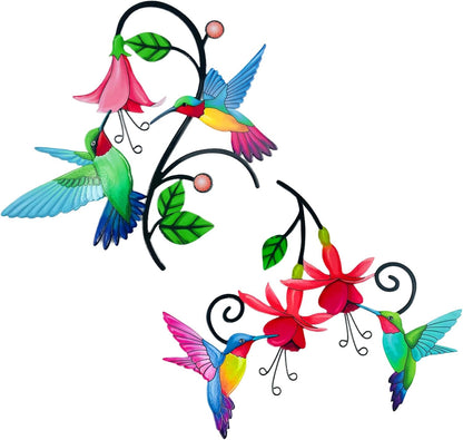 2 Pack Metal Hummingbird & Flower Outdoor Wall Art Decor, Creative Wall Decor for Patio, Fence