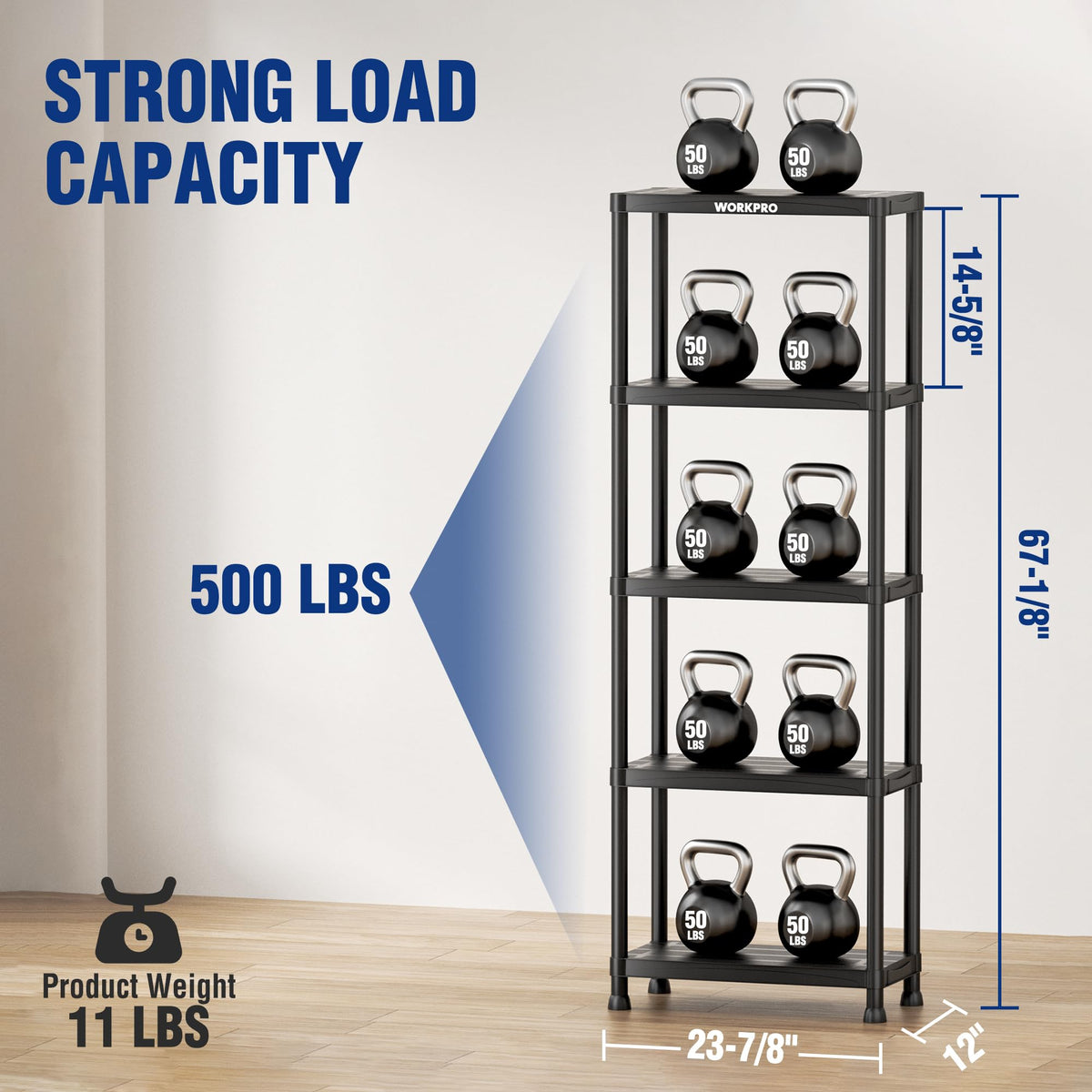 WORKPRO 5-Tier Plastic Storage Shelves, 500lb Capacity Shelving Unit, 67.1" H x 23.9" W x 12" D