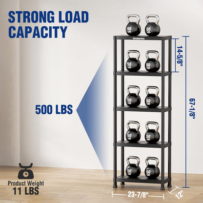 WORKPRO 5-Tier Plastic Storage Shelves, 500lb Capacity Shelving Unit, 67.1" H x 23.9" W x 12" D