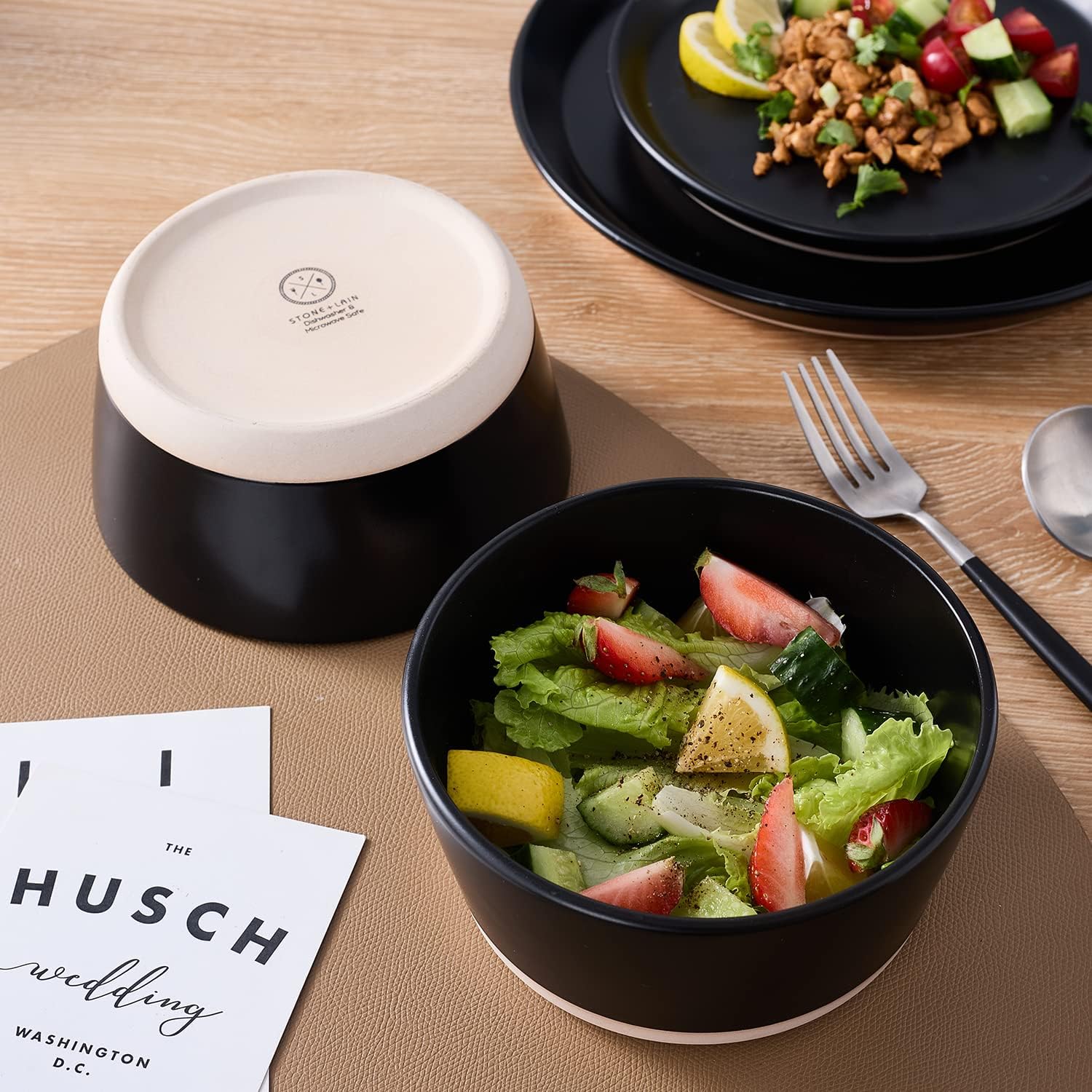 Stone Lain Jules Modern Stoneware 16-piece Round Black Dinnerware Set, Plates and Bowls Sets, Dish