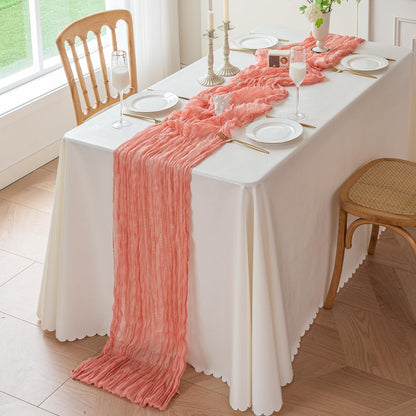 Sioloc 1 Pack Peach Coral Cheesecloth Table Runner Fall Autumn Decor for Home 10ft Table Cloth for