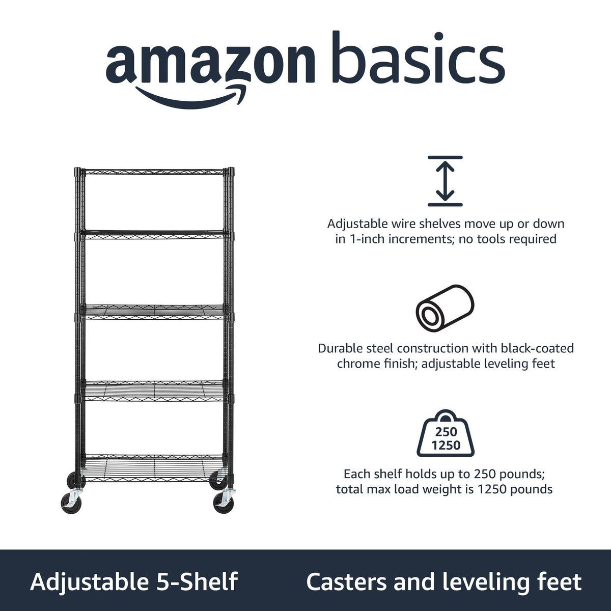 Amazon Basics 5-Shelf Heavy Duty Garage Shelving Storage Rack with 4" Wheel Casters, Adjustable