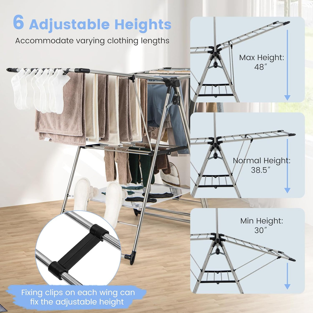Giantex Clothes Drying Rack, Foldable Laundry Drying Rack with with 6-Level Adjustable Height, High