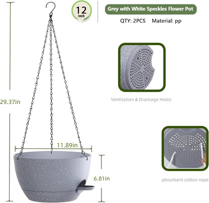 12 Inch Hanging Baskets 2 PC with Chains, Self-Watering Hanging Planters for Indoor Outdoor Plants