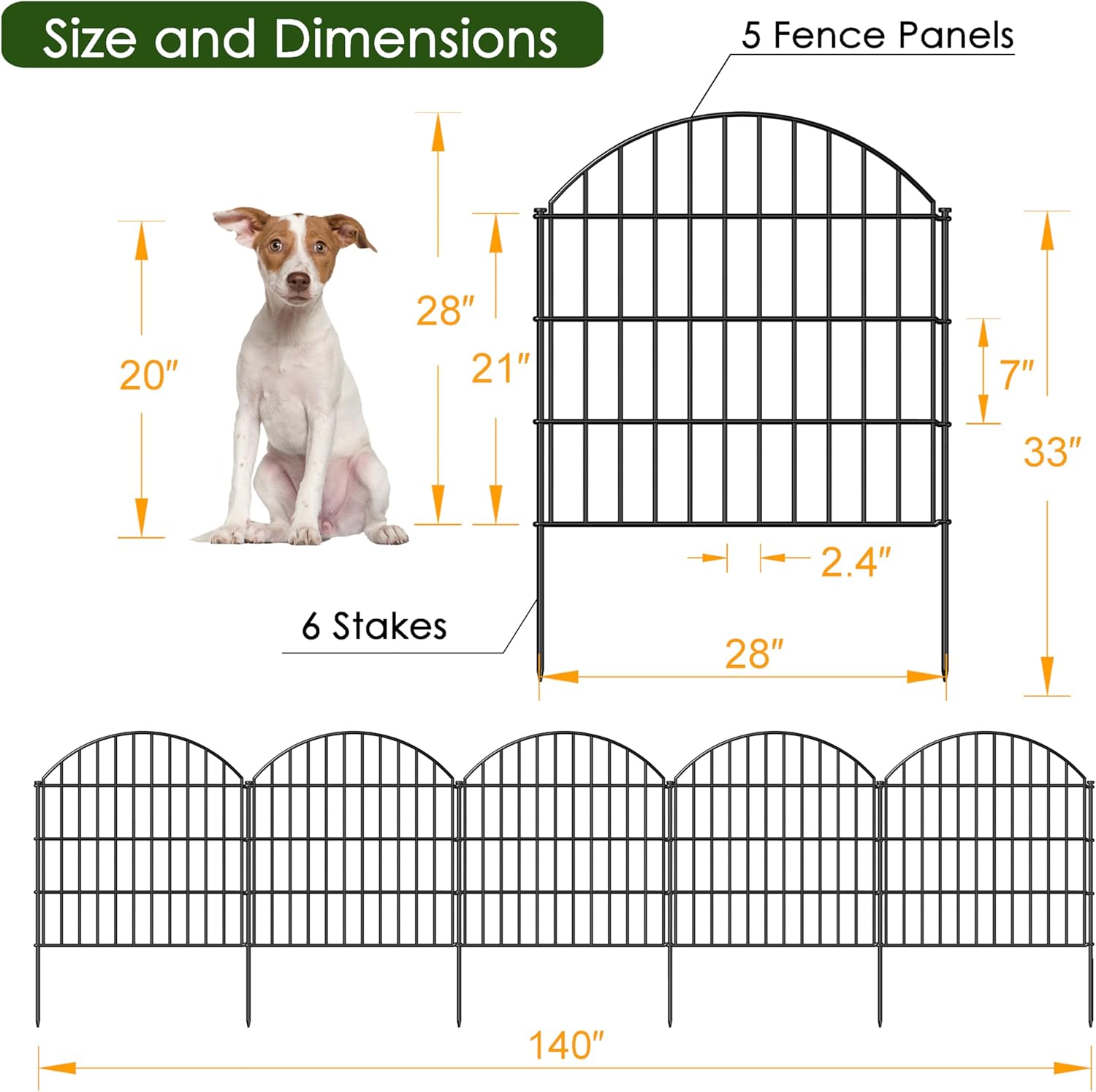 Metal Garden Fence 28in (H) x 11.7ft (L), 5 Panels + 6 Stakes Rustproof Border Fence Animal Barrier