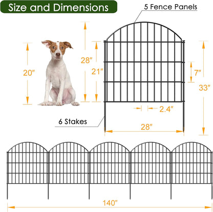Metal Garden Fence 28in (H) x 11.7ft (L), 5 Panels + 6 Stakes Rustproof Border Fence Animal Barrier