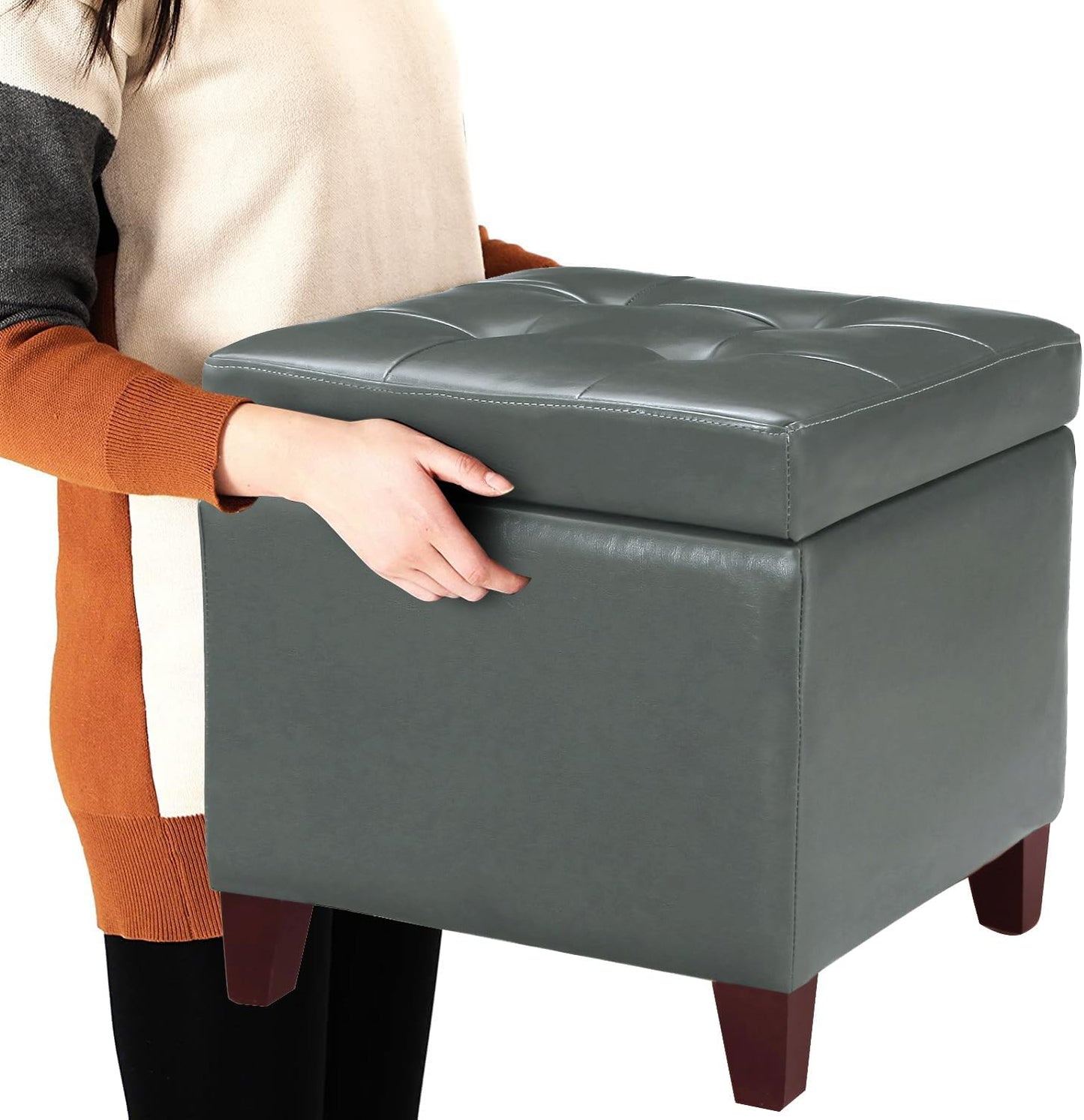 Adeco Bonded Leather Square Tufted Cubic Cube Footstool, 18" Height Storage Ottomans, with Lid