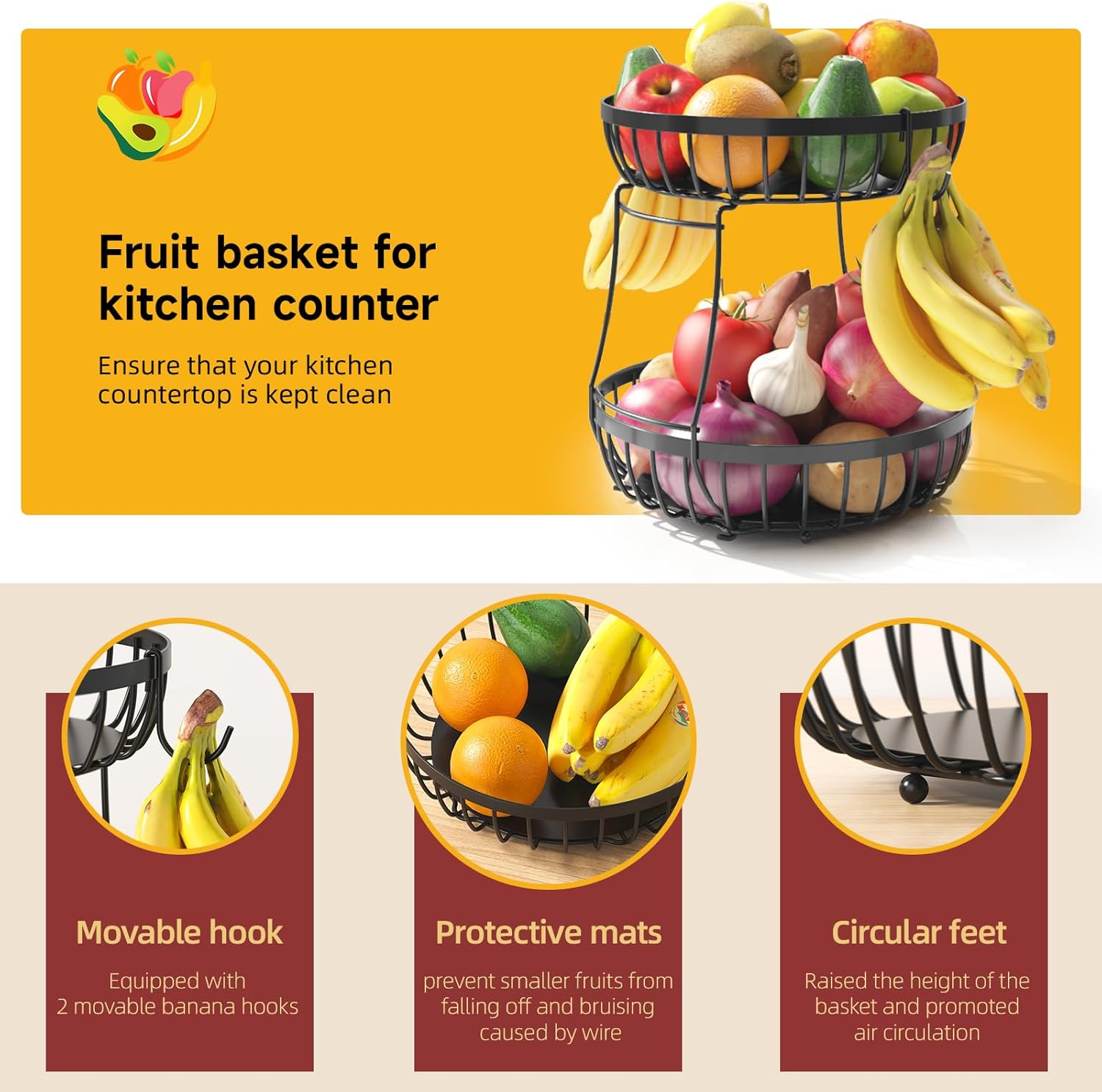 2 Tier Fruit Basket for Kitchen Counter with 2 Banana Hangers, Metal Stackable Fruit Bowl for