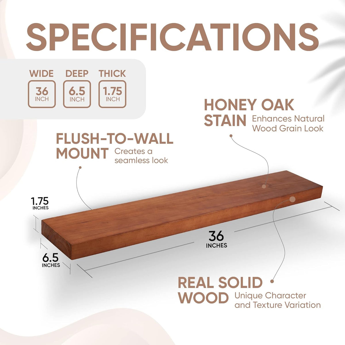 Homeforia Oak Floating Shelves 36 inches Long, High End Solid Real Wood 36 inch Floating Shelf for