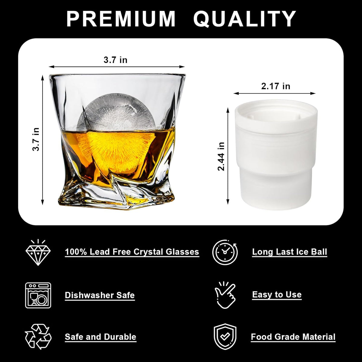 Crystal Whiskey Glasses Set of 2 with Ice Ball Molds, 11 Oz Old Fashioned Glasses Packaged in
