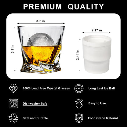 Crystal Whiskey Glasses Set of 2 with Ice Ball Molds, 11 Oz Old Fashioned Glasses Packaged in