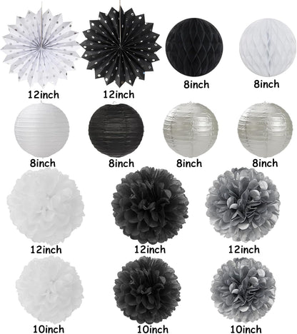 Black-White Silver Party-Decorations Paper-Lanterns - 14pcs New Years Streamers Fan,Tissue Pom
