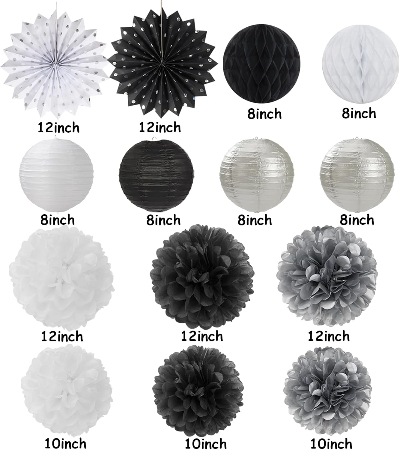 Black White Silver Party-Decorations Streamers-Lanterns - 14pc New Years Graduation 2025 Paper Fan