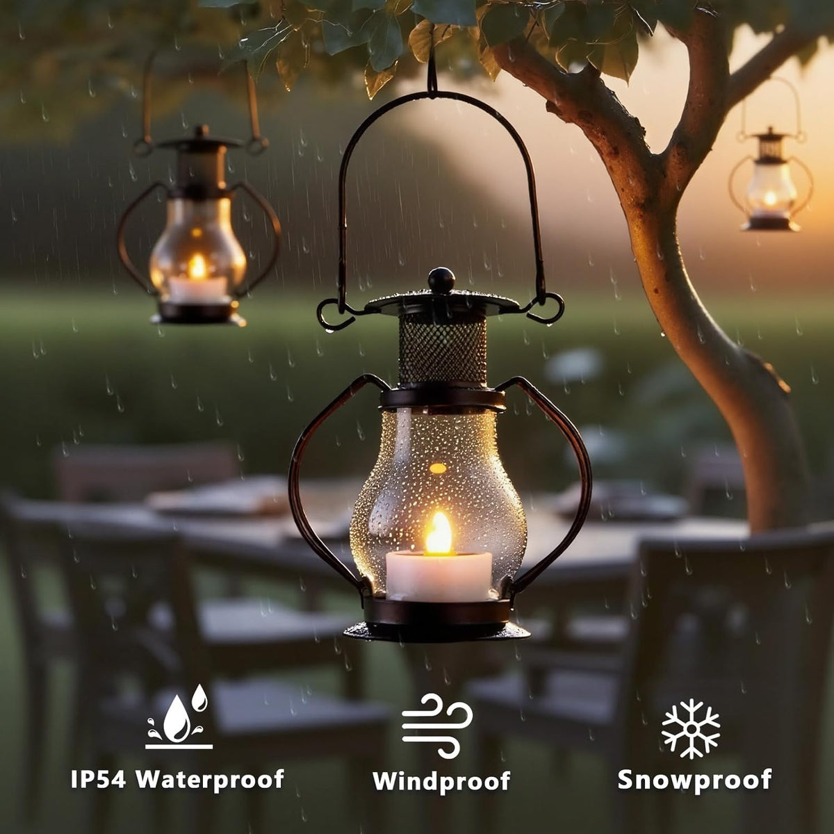 Solar Hanging Lanterns Outdoor Waterproof, Vintage Mini Metal Lantern with Flickering Solar Powered