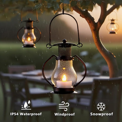 Solar Hanging Lanterns Outdoor Waterproof, Vintage Mini Metal Lantern with Flickering Solar Powered