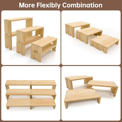 Display Wood Risers Wooden Stand 3 Tier Wood Racks Decorative Rectangular, 2 Set 6 Piece Cupcake