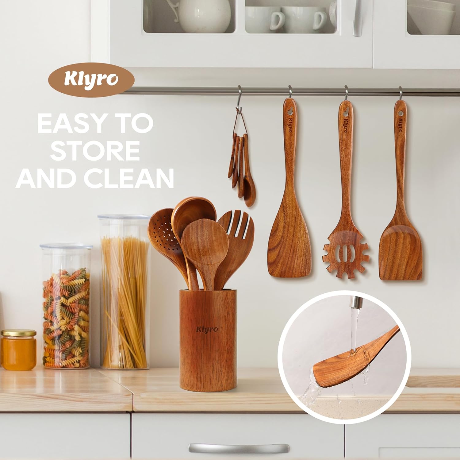 Wooden Spoons for Cooking, Nonstick Kitchen Utensils Set with 4 Piece Measuring Spoons, Comfort