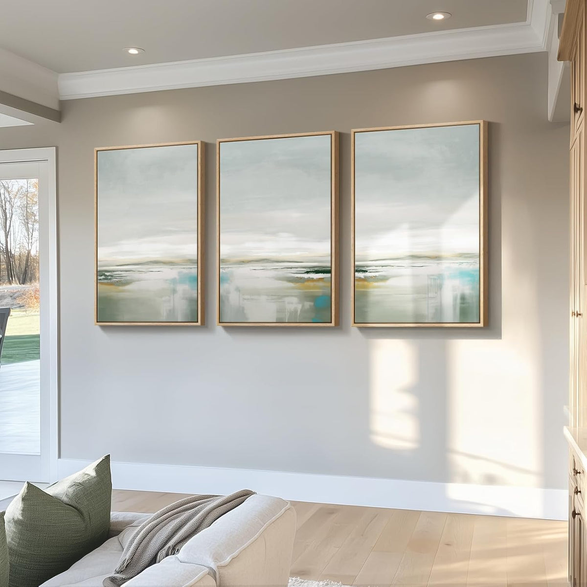 Large Framed Green Abstract Landscape Wall Art for Living Room, 3 Piece Canvas Prints Paintings