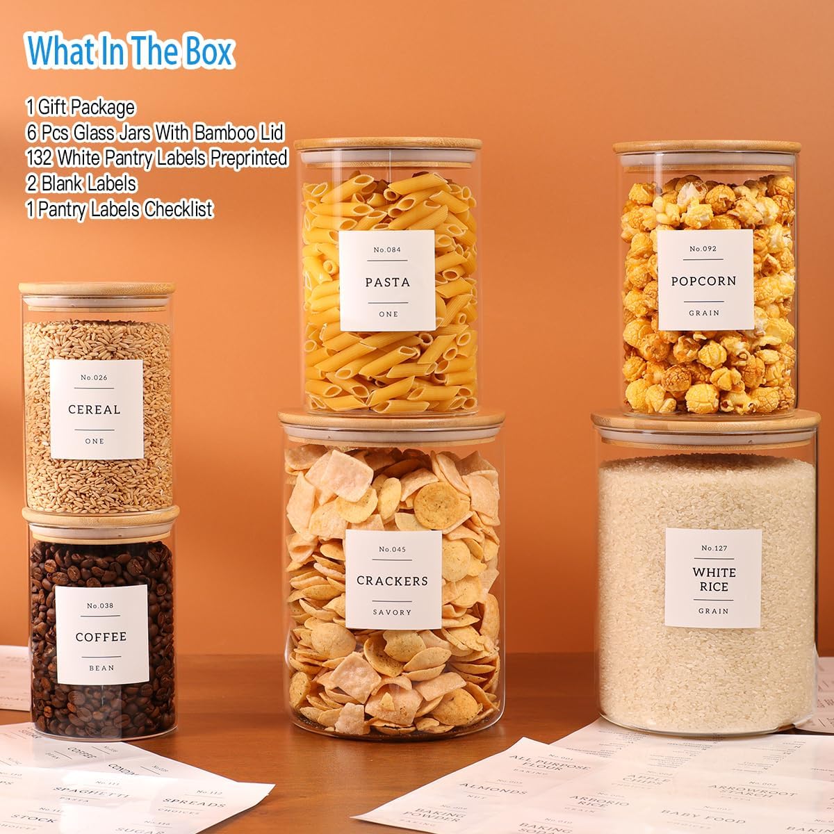 6-Pack Borosilicate Glass Storage Jars with Bamboo Lids + 132 Pre-Printed Pantry Labels Included