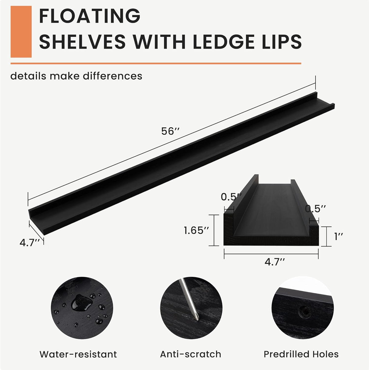 Solid Ash Wood Picture Ledge Shelf, Floating Shelves Set of 2, 56 Inch Long Large Ledge Shelves
