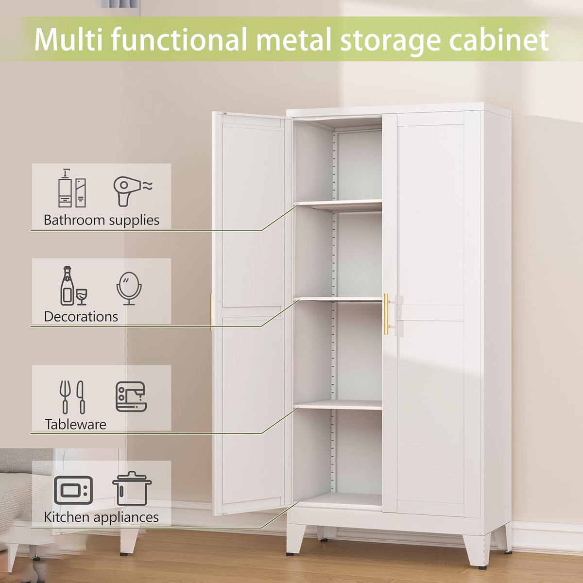 Metal Pantry Cabinet, Kitchen Pantry Storage Cabinets with 2 Door and 3 Adjustable Shelves, White