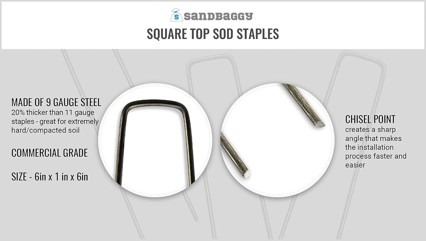 Sandbaggy 6 inch Landscape Sod Staples (9 Gauge Steel) ~ Great for Hard Soil - 20% Thicker Than