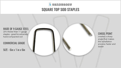 Sandbaggy 6 inch Landscape Sod Staples (9 Gauge Steel) ~ Great for Hard Soil - 20% Thicker Than