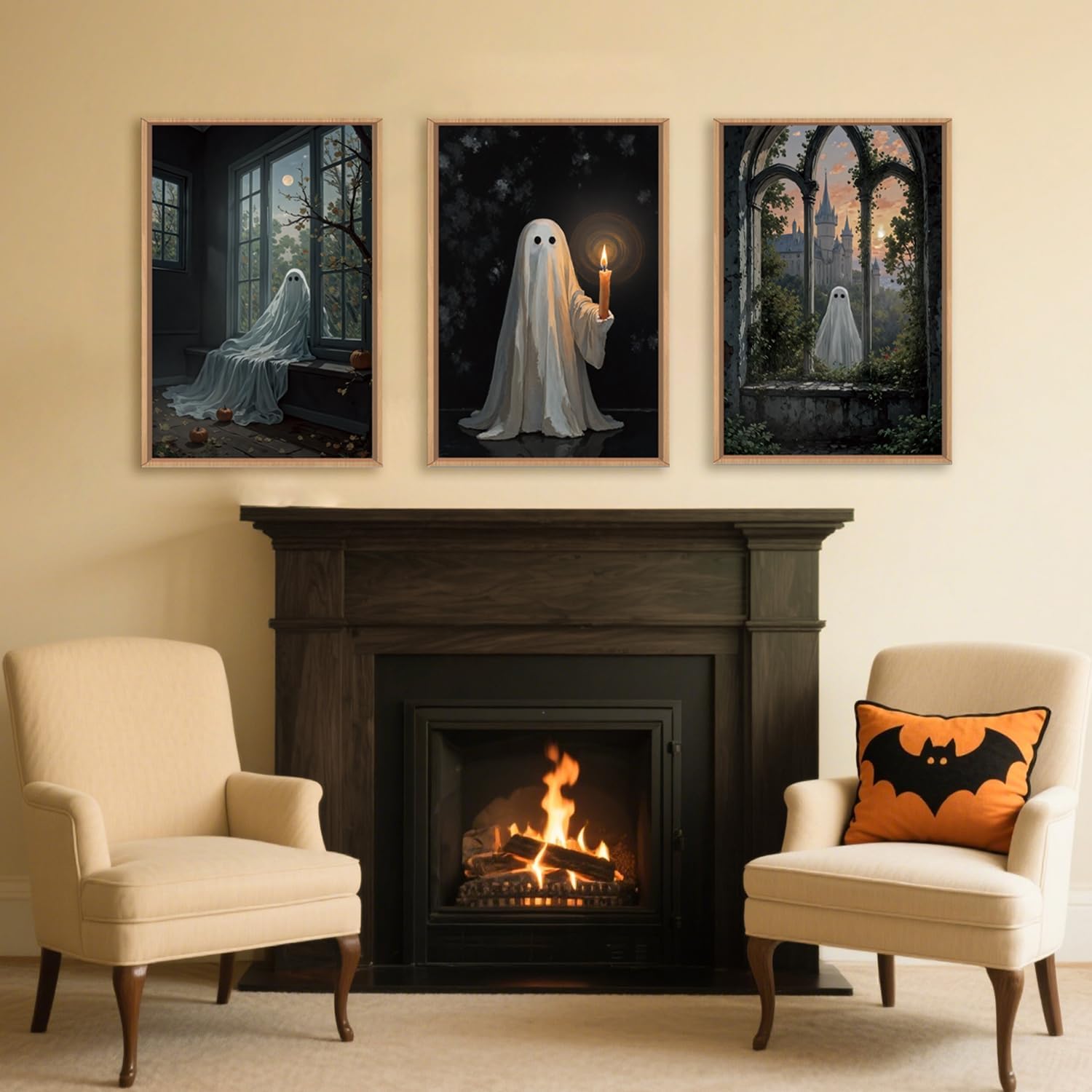 LHIUEM Large Halloween Cute Ghost Framed Canvas Wall Art Set,Vintage Spooky Wall Decor,Retro Dark