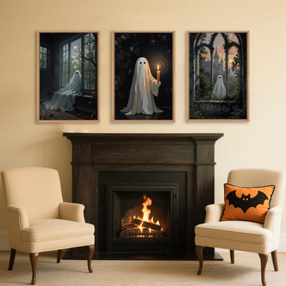 LHIUEM Large Halloween Cute Ghost Framed Canvas Wall Art Set,Vintage Spooky Wall Decor,Retro Dark