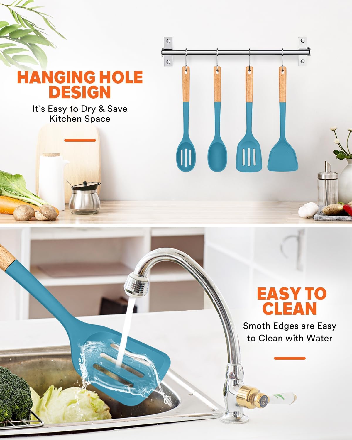 Silicone Cooking Utensils Set, Perfectly Angled for Frying, Mixing,Serving,Draining,Turning and