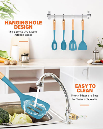 Silicone Cooking Utensils Set, Perfectly Angled for Frying, Mixing,Serving,Draining,Turning and