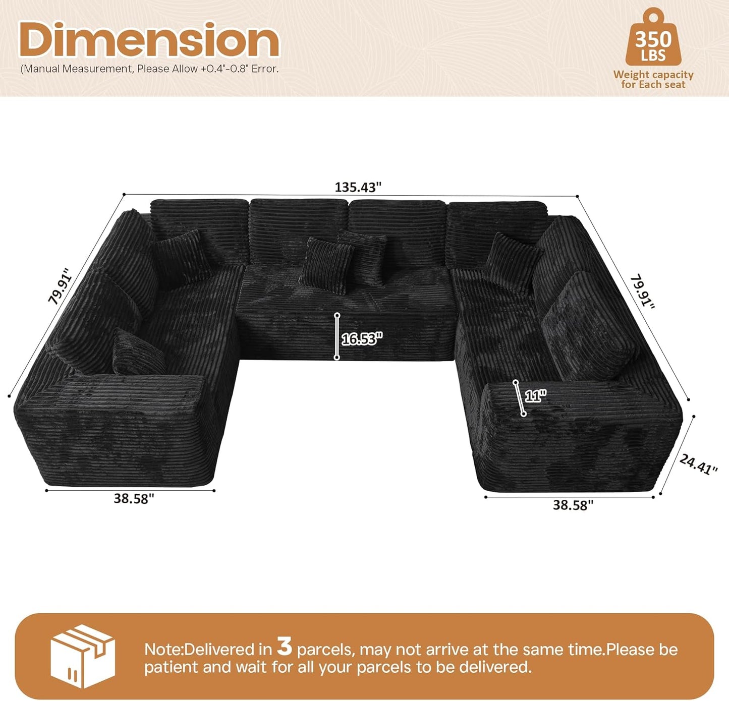 Cloud Sectional Couches for Living Room,U Shaped Modular Sofas No Assembly,135x79 Inches Plush