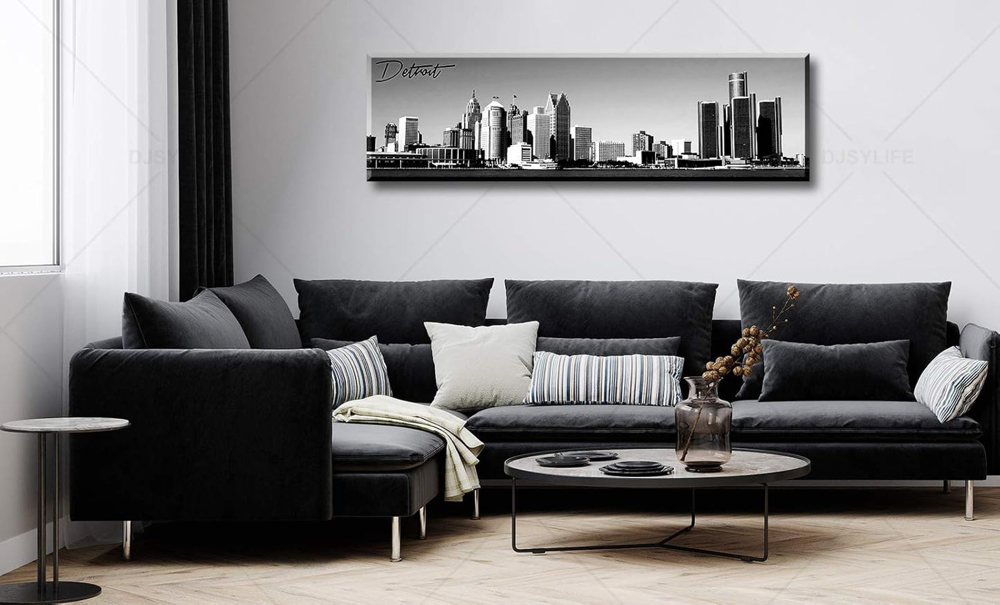 DJSYLIFE Detroit Skyline Wall Art Black and White Canvas Prints USA Skyscraper Panoramic Cityscape