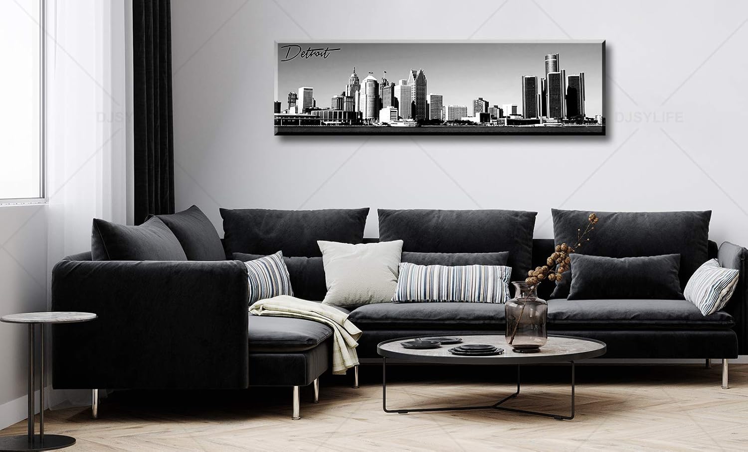 DJSYLIFE Detroit Skyline Wall Art Black and White Canvas Prints USA Skyscraper Panoramic Cityscape