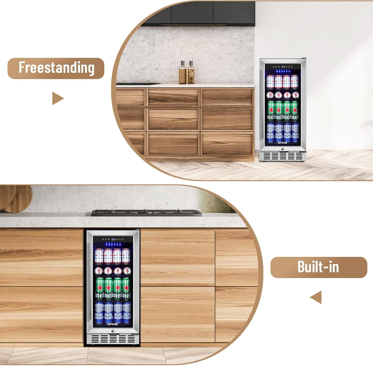 15 Inch Beverage Refrigerator, 130 Can Capacity Under Counter Fridge with Lock & Glass Door, Quiet