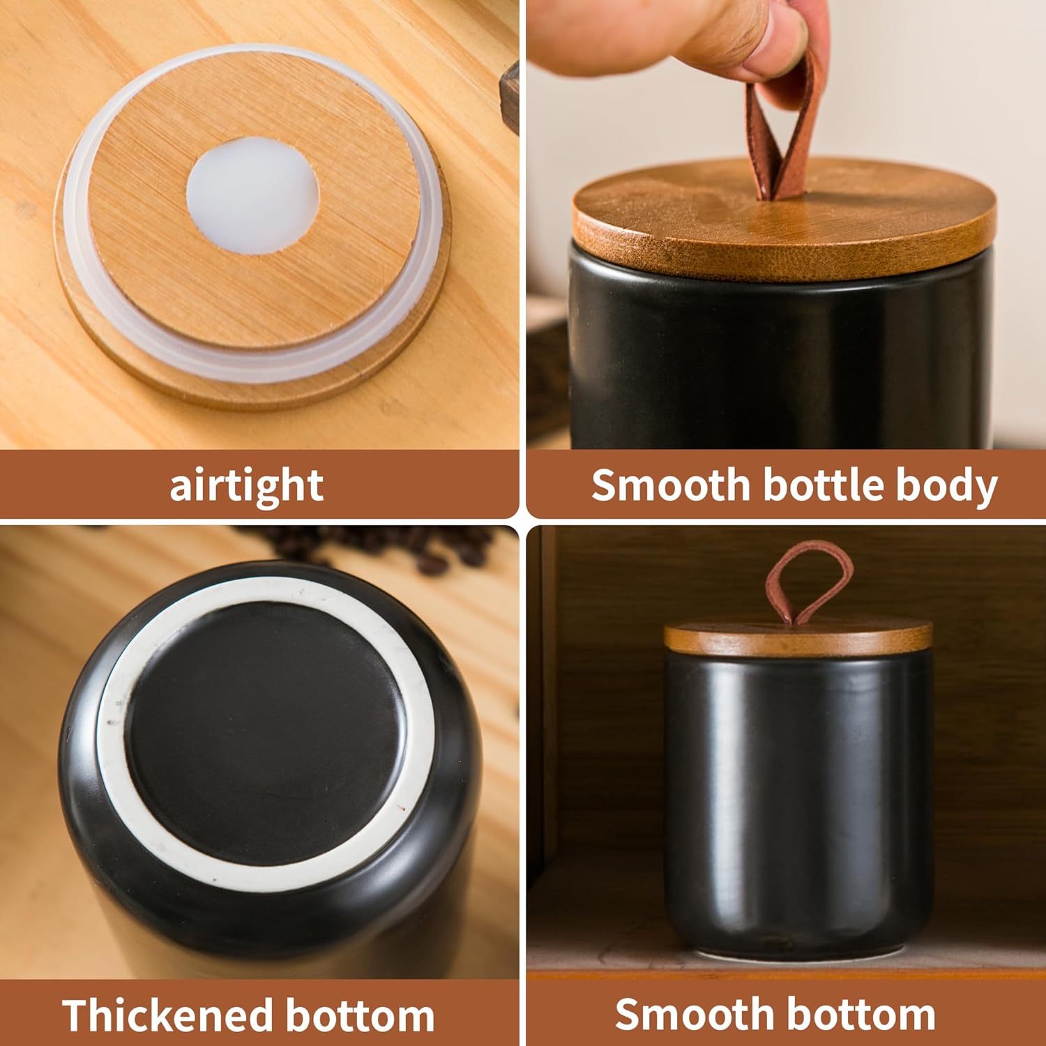 Black Ceramic Canister Set, 3pcs Ceramic Kitchen Canisters for Countertop with Airtight Wood Lids