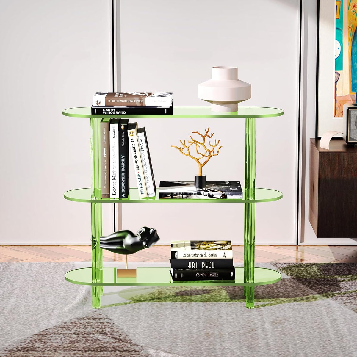 Clear Bookshelf, Acrylic Bookcase with Open Book Shelf Console Table for Entryway Office (3 Tier