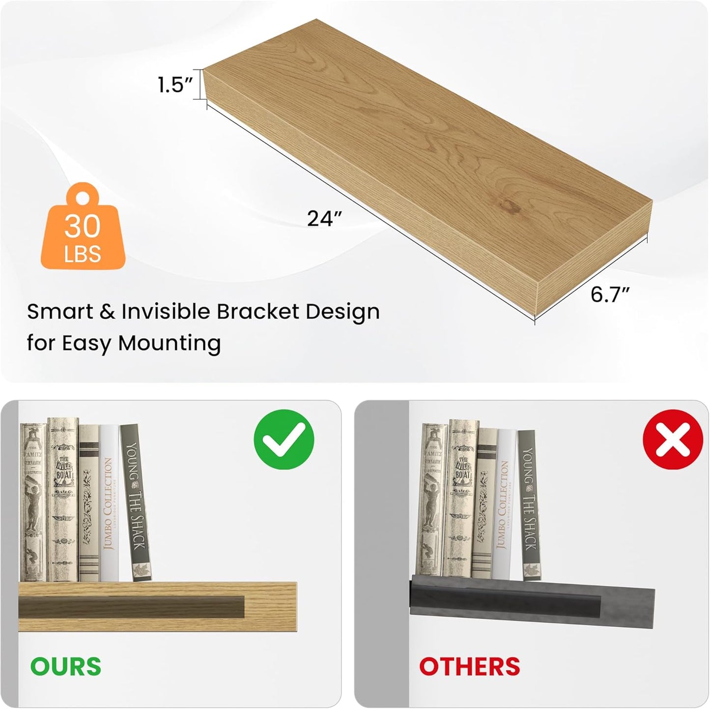 Floating Shelves for Wall, 24" W x 6.7" D x 1.5" H, Wooden Wall Mounted Display Shelves with