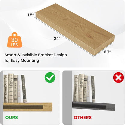 Floating Shelves for Wall, 24" W x 6.7" D x 1.5" H, Wooden Wall Mounted Display Shelves with