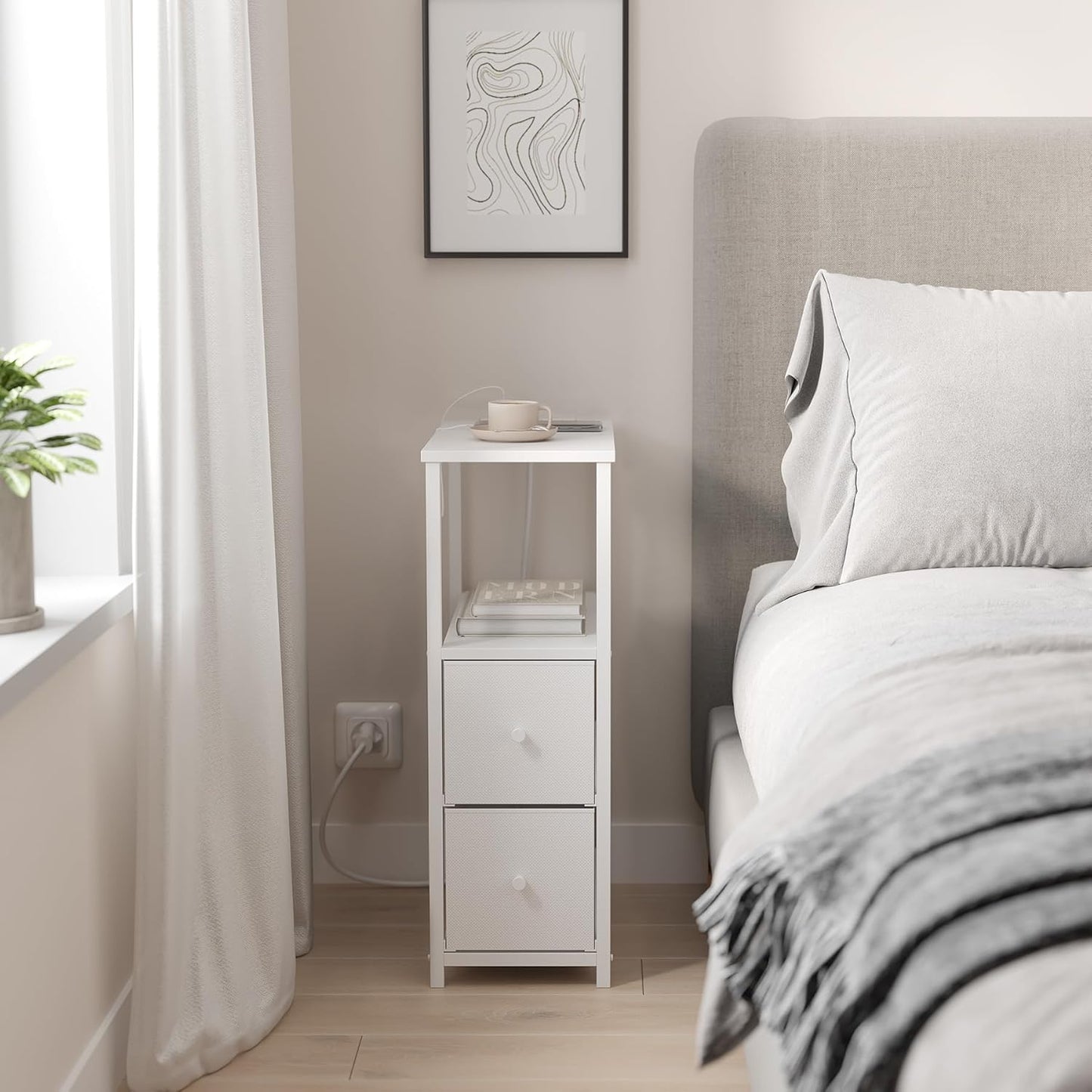 TUTOTAK Small Narrow LED End Table with Charging Station, Side Table Outlets, Nightstand with 2