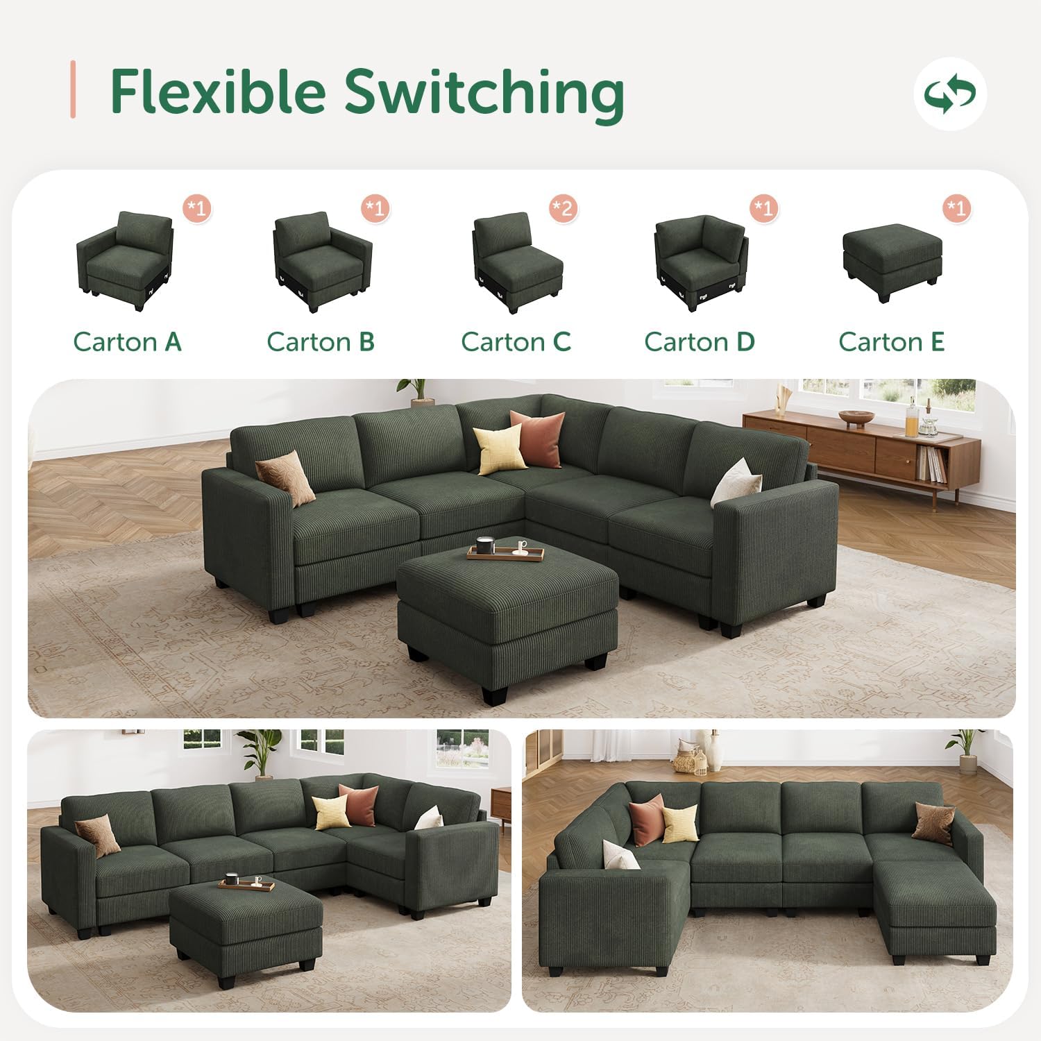 HONBAY Corduroy Modular Sectional Couch with Storage L-Shaped Sectional Couches for Living Room 6