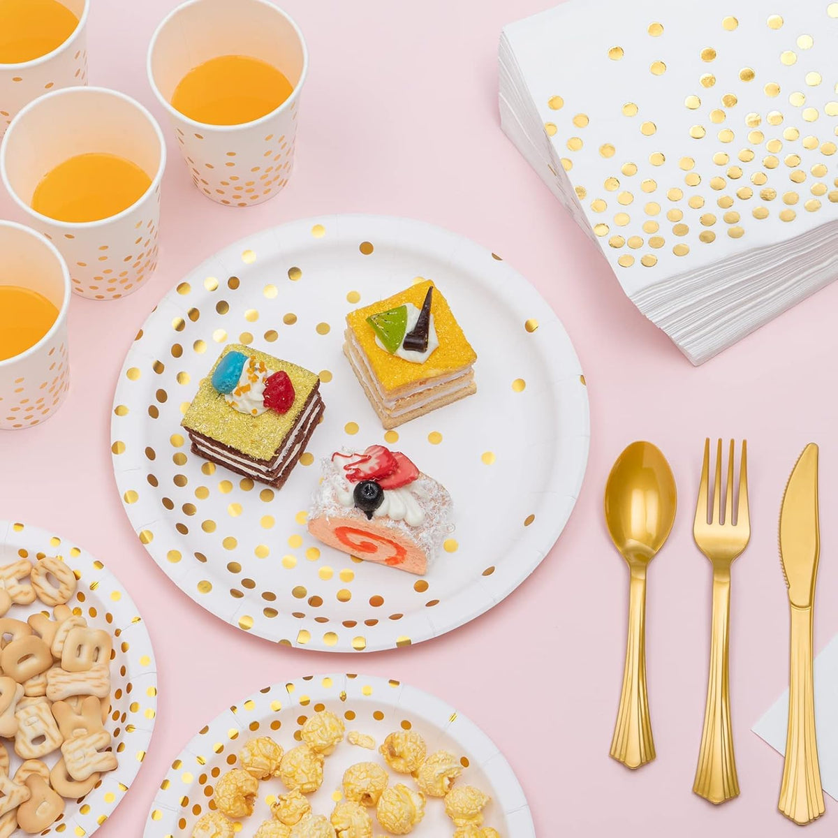 White and Gold Party Supplies, 350PCS Disposable Dinnerware Set w/White Paper Plates Napkin Cups