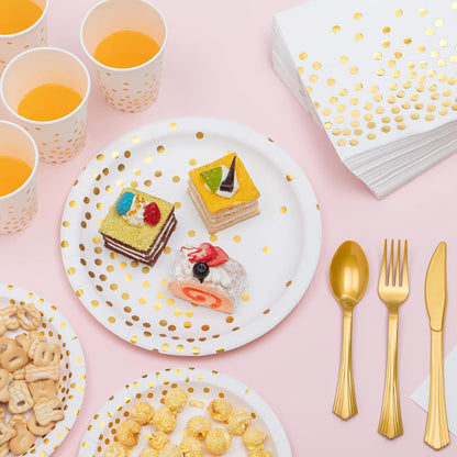White and Gold Party Supplies, 350PCS Disposable Dinnerware Set w/White Paper Plates Napkin Cups