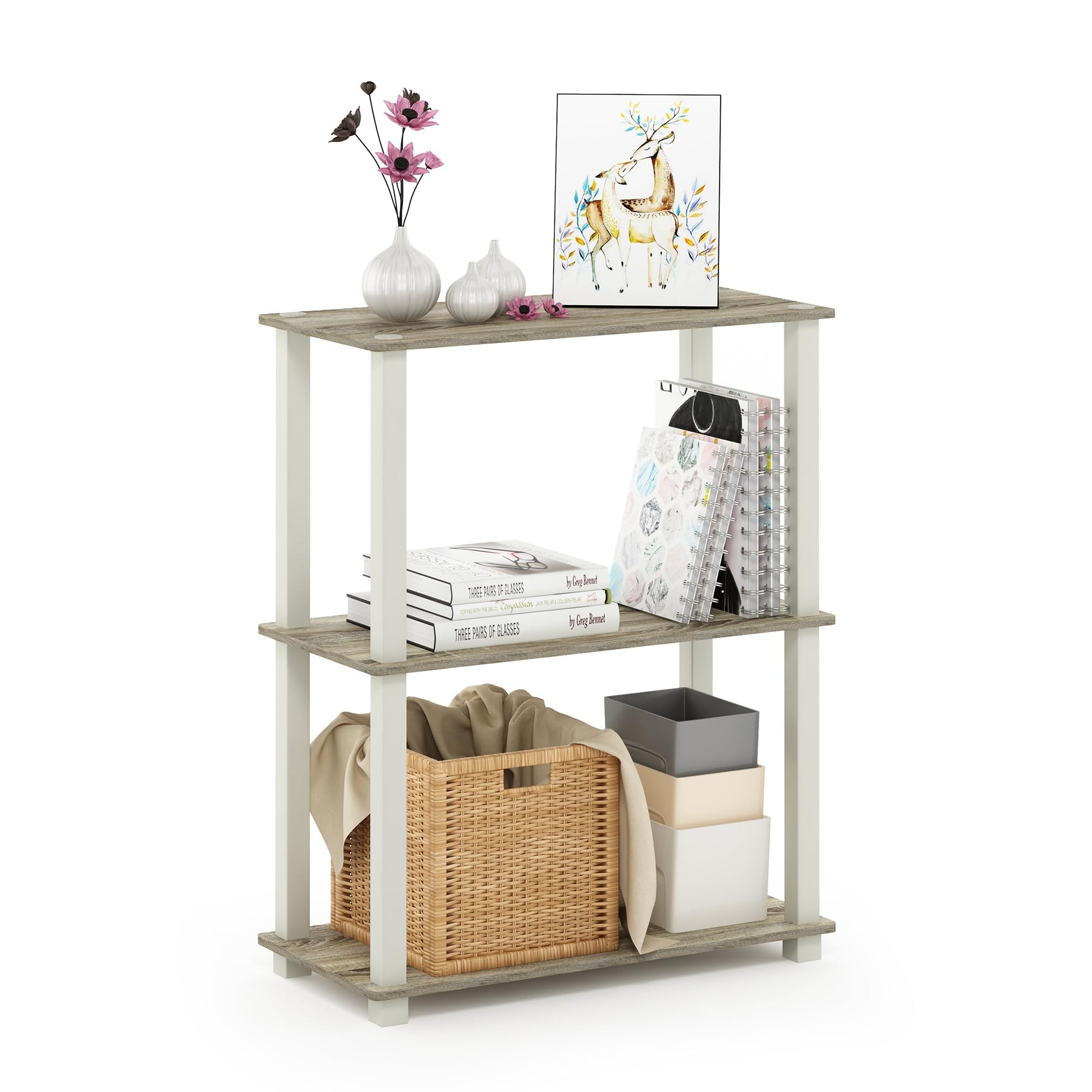 Furinno TURN-S-TUBE Storage Shelves, 3-Tier Book Shelf, Corner Shelf, Toolless Open Shelves, for